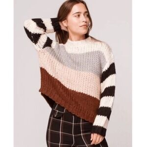 Volcom Color Block Chunky Knit Sweater Long Sleeve Cream Brown Black Sz S